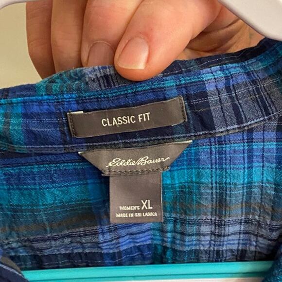 Eddie Bauer Classic Fit Button Up Blue Plaid Cotton Long Sleeve Shirt - Picture 3 of 5